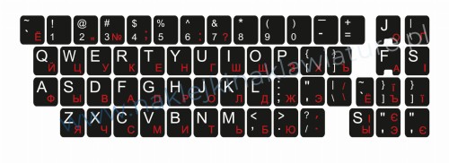 Przejdź do produktu Naklejka QWERTY+CYRYLICA UKRAIŃSKA standardowa 11x13 CZARNO-CZERWONA - komplet 10 sztuk