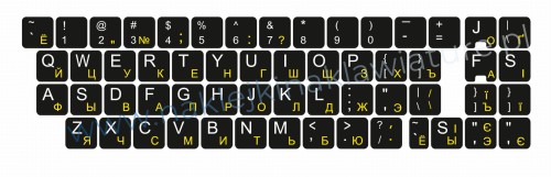 Przejdź do produktu Naklejka QWERTY+CYRYLICA ROSYJSKA standardowa 13x13 CZARNO-ŻÓŁTA - komplet 10 sztuk