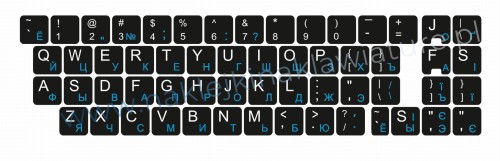Przejdź do produktu Naklejka QWERTY+CYRYLICA ROSYJSKA standardowa 13x13 CZARNO-NIEBIESKA - komplet 10 sztuk