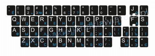Przejdź do produktu Naklejka QWERTY+CYRYLICA ROSYJSKA standardowa 11x13 CZARNO-NIEBIESKA - komplet 10 sztuk